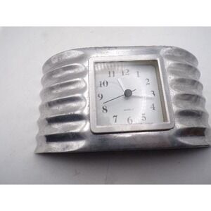 Art Deco Cast Aluminum Wavy Scalloped Desk Clock Quartz Silver Tone Works